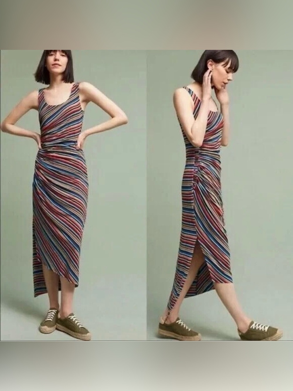 BAILEY 44 Rainbow Striped Luca Sleeveless Ruched Shirred Midi Dress Size Medium